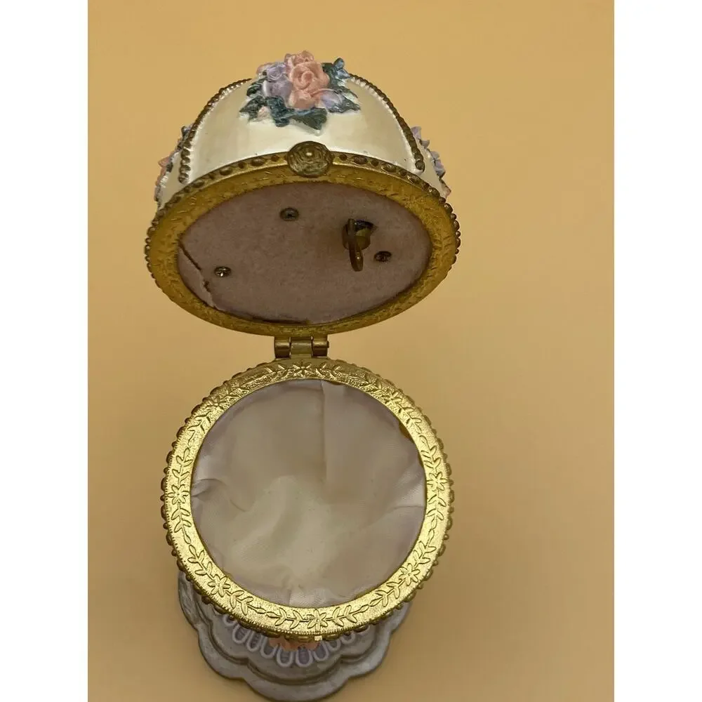Vintage Egg Shaped Floral Metal Jewelry Box w/ Hinged Lid, Fabric Lined Interior